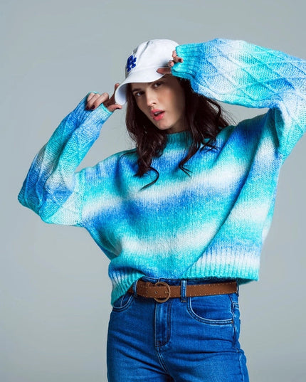 Relaxed Sweater with Ombre Print in Shades of Blue and Argyl