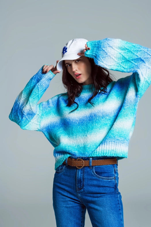 Relaxed Sweater with Ombre Print in Shades of Blue and Argyl