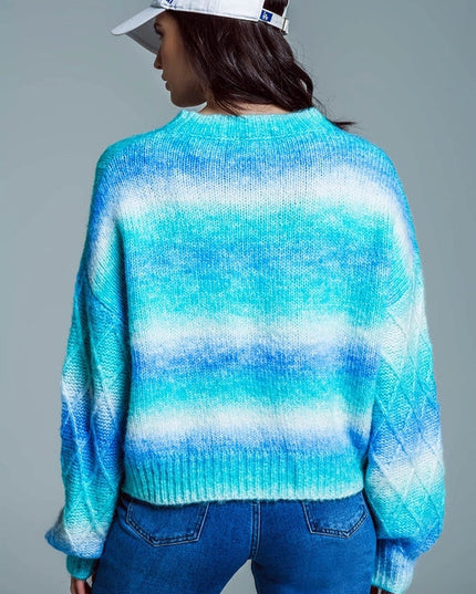 Relaxed Sweater with Ombre Print in Shades of Blue and Argyl