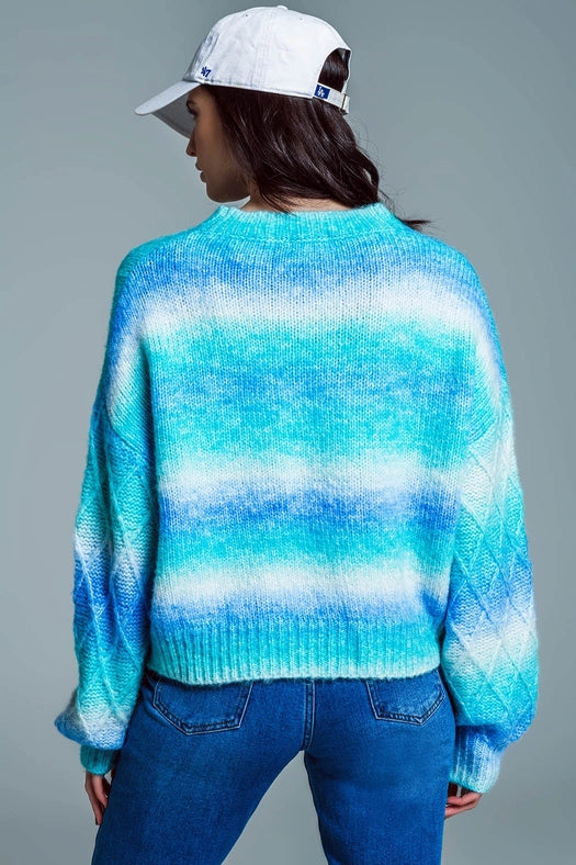 Relaxed Sweater with Ombre Print in Shades of Blue and Argyl