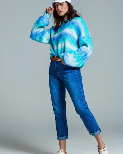 Relaxed Sweater with Ombre Print in Shades of Blue and Argyl