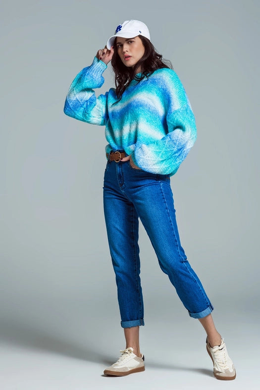 Relaxed Sweater with Ombre Print in Shades of Blue and Argyl