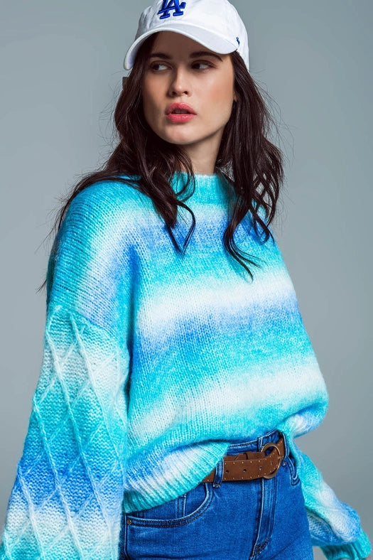 Relaxed Sweater with Ombre Print in Shades of Blue and Argyl