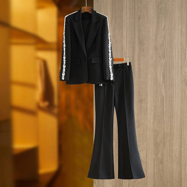 Rhinestone Ins Blazer Wide-Leg Pants Two-Piece Suit  Black