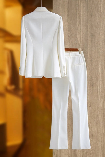 Rhinestone Ins Blazer Wide-Leg Pants Two-Piece Suit  White