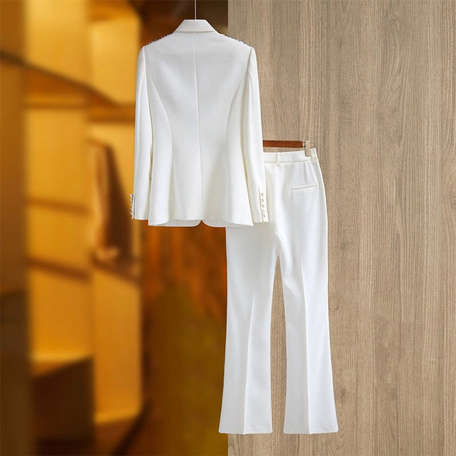 Rhinestone Ins Blazer Wide-Leg Pants Two-Piece Suit  White