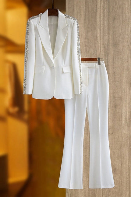 Rhinestone Ins Blazer Wide-Leg Pants Two-Piece Suit  White