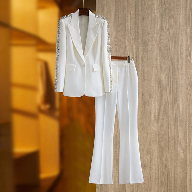 Rhinestone Ins Blazer Wide-Leg Pants Two-Piece Suit  White