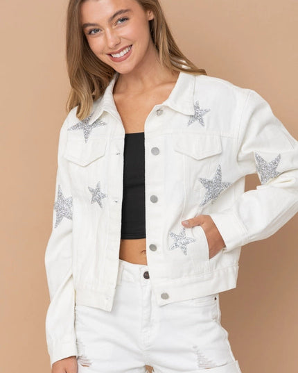 Rhinestone Stars On Denim Jacket  Off White