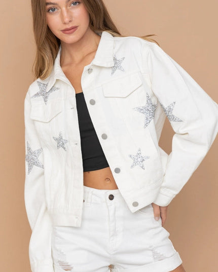 Rhinestone Stars On Denim Jacket  Off White