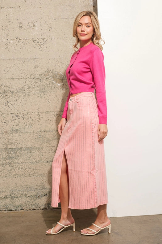 Rhinestone Studded Stripe Midi Denim Skirt PINK