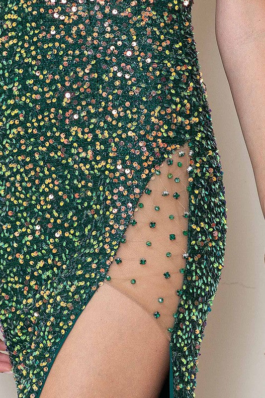 Rhinestones Side Detail Sequin Maxi Dress Emerald