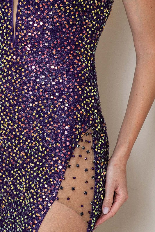 Rhinestones Side Detail Sequin Maxi Dress Purple