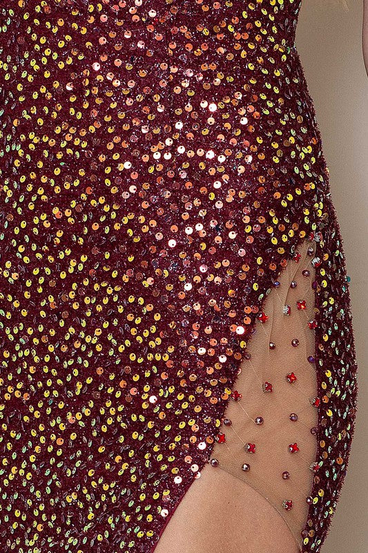 Rhinestones Side Detail Sequin Maxi Dress Wine