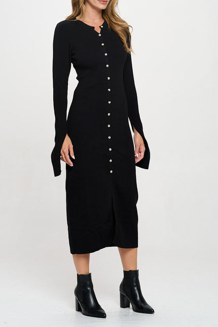 Rib Knit Maxi Dress with Buttons and Open Sleeve-2