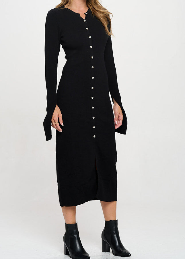 Rib Knit Maxi Dress with Buttons and Open Sleeve-2