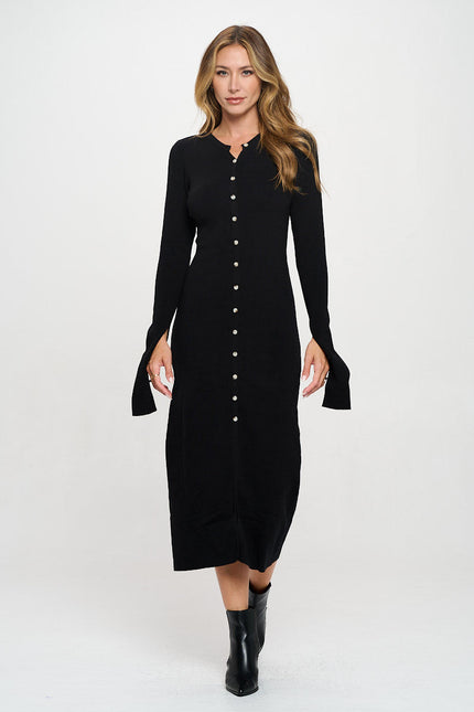 Rib Knit Maxi Dress with Buttons and Open Sleeve-4