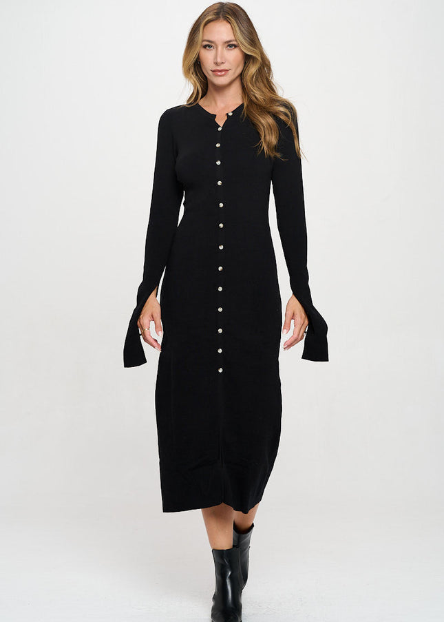 Rib Knit Maxi Dress with Buttons and Open Sleeve-4