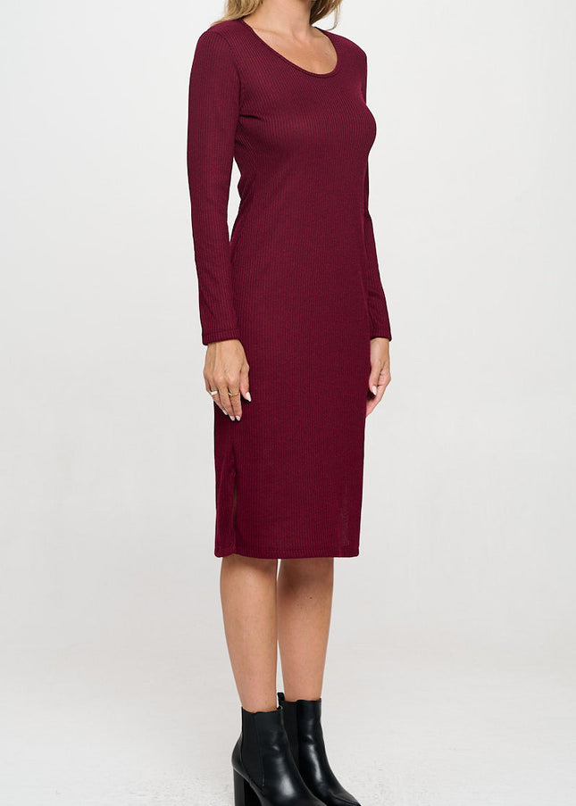 Rib Knit Round neck Bodycon Midi Dress with Side Slit-2