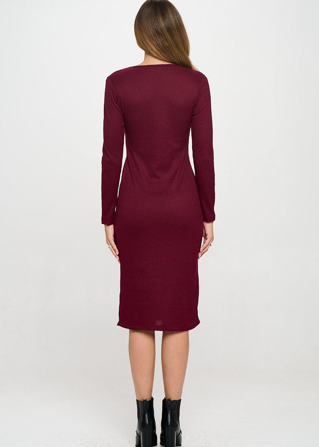 Rib Knit Round neck Bodycon Midi Dress with Side Slit-3