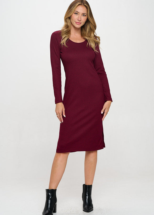 Rib Knit Round neck Bodycon Midi Dress with Side Slit-4