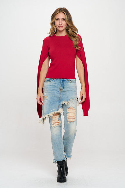 Rib Knit Round neck Sweater with Open Long Sleeve-0