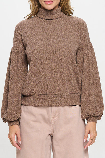 Rib Knit Turtleneck Top with Balloon Cuffed Sleeve-1