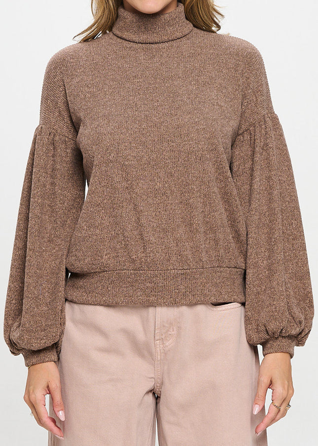 Rib Knit Turtleneck Top with Balloon Cuffed Sleeve-1