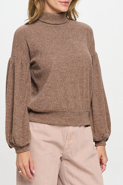 Rib Knit Turtleneck Top with Balloon Cuffed Sleeve-2