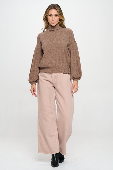 Rib Knit Turtleneck Top with Balloon Cuffed Sleeve-4