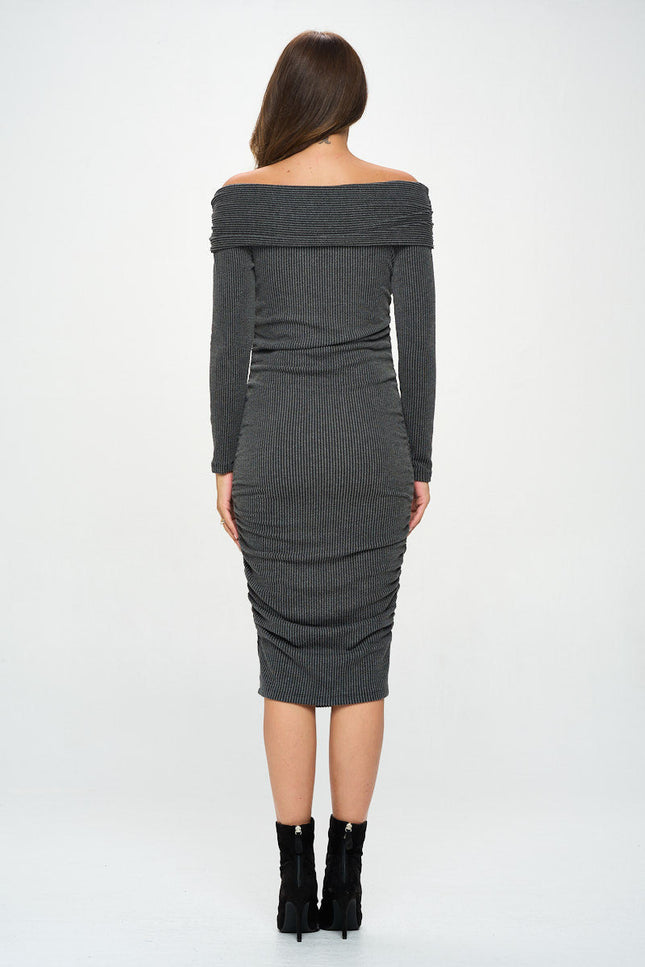 Ribbed Knit Off Shoulder Long Sleeve Bodycon Dress with Ruched Detail-3