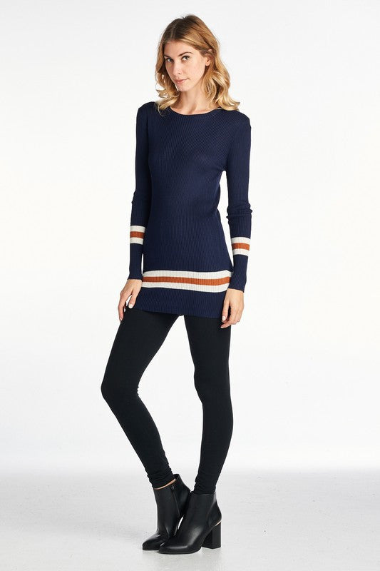 Ribbed Roundneck Sweater with Striped Sleeve-1