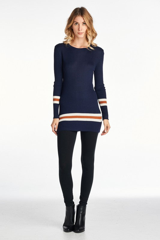 Ribbed Roundneck Sweater with Striped Sleeve-2