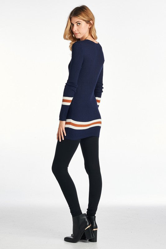 Ribbed Roundneck Sweater with Striped Sleeve-3