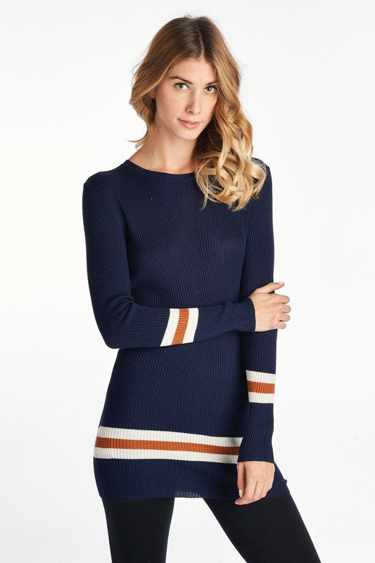 Ribbed Roundneck Sweater with Striped Sleeve-0