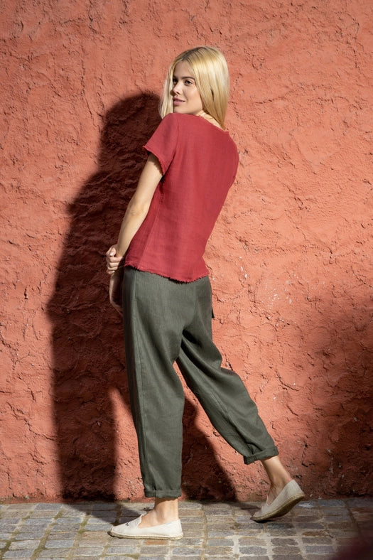 Rome Linen Top with Short Sleeves and Frayed Edges