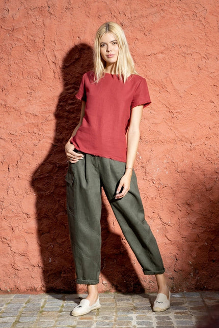 Rome Linen Top with Short Sleeves and Frayed Edges