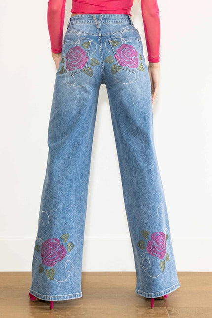 Rose Rhinestone Wide Jeans