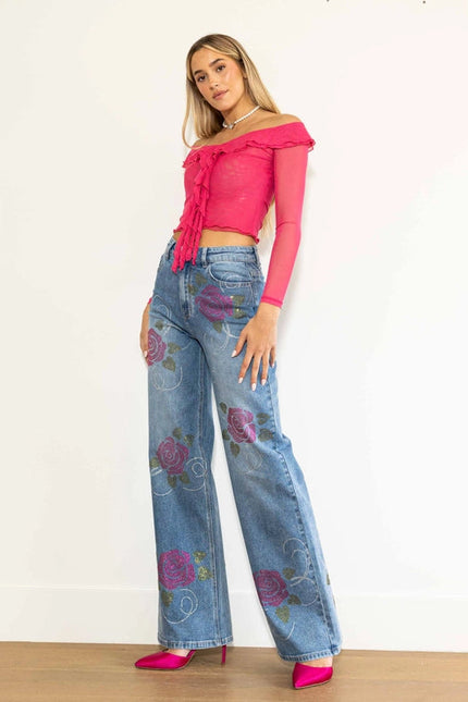 Rose Rhinestone Wide Jeans