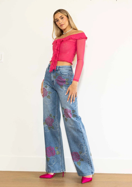 Rose Rhinestone Wide Jeans