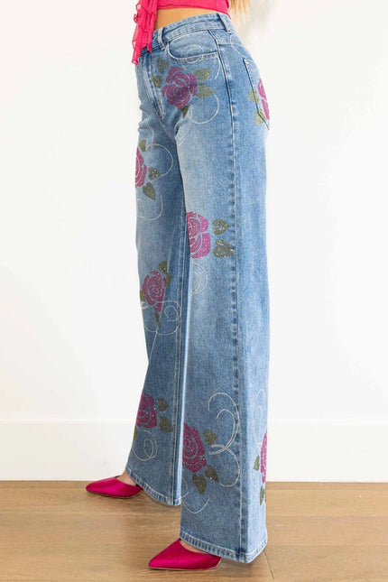 Rose Rhinestone Wide Jeans