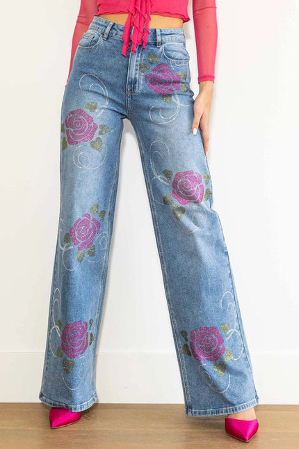 Rose Rhinestone Wide Jeans