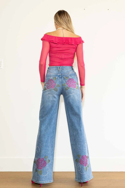 Rose Rhinestone Wide Jeans