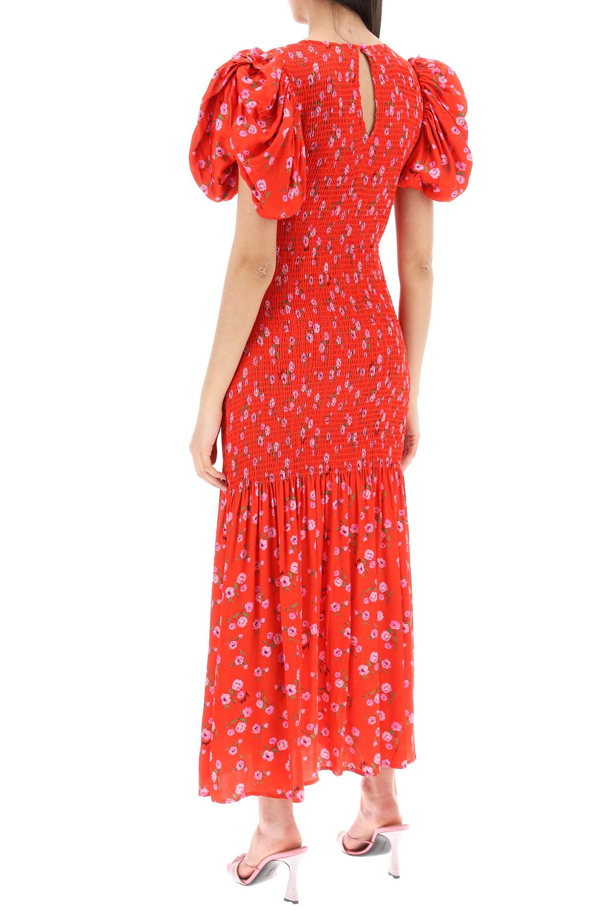 Rotate Floral Printed Maxi Dress With Puffed Sleeves In Satin Fabric-women > clothing > dresses > maxi-Rotate-36-Red-Urbanheer