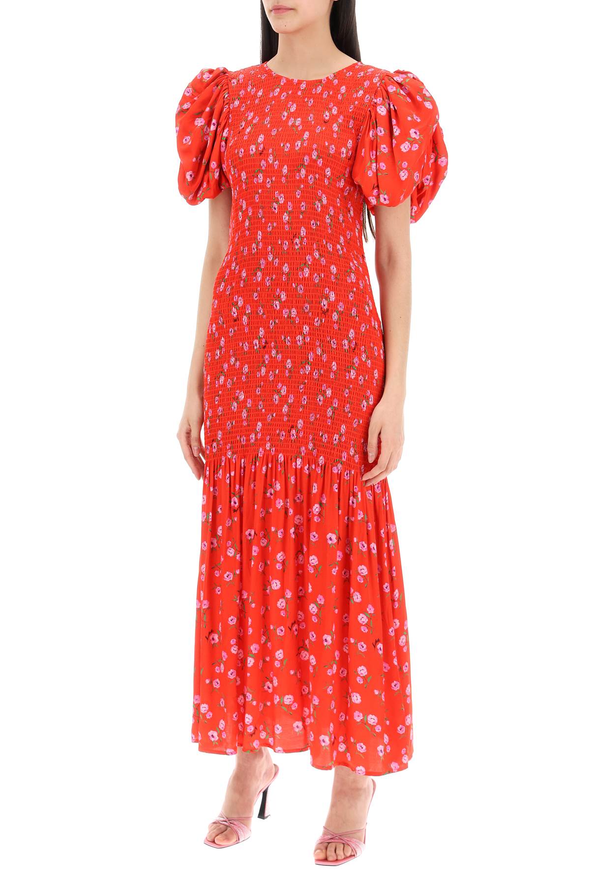 Rotate Floral Printed Maxi Dress With Puffed Sleeves In Satin Fabric-women > clothing > dresses > maxi-Rotate-36-Red-Urbanheer