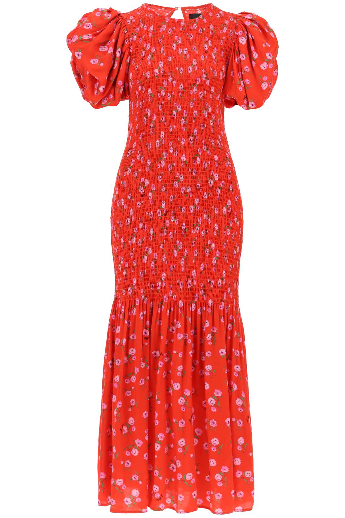 Rotate Floral Printed Maxi Dress With Puffed Sleeves In Satin Fabric-women > clothing > dresses > maxi-Rotate-36-Red-Urbanheer