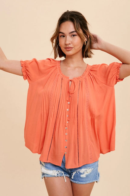 Ruffled Lace Inset Trim Button Top PAPAYA