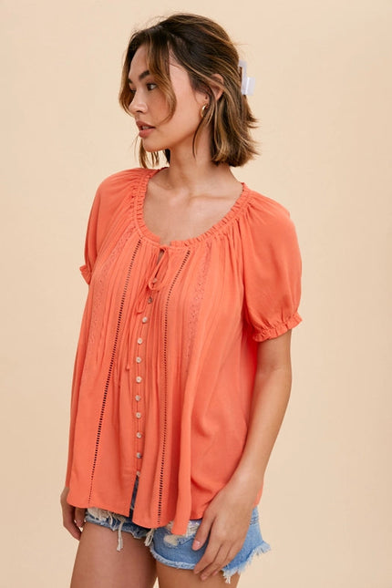 Ruffled Lace Inset Trim Button Top PAPAYA