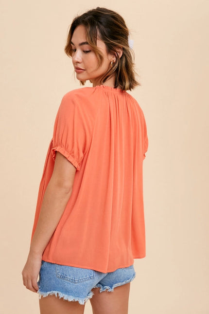 Ruffled Lace Inset Trim Button Top PAPAYA