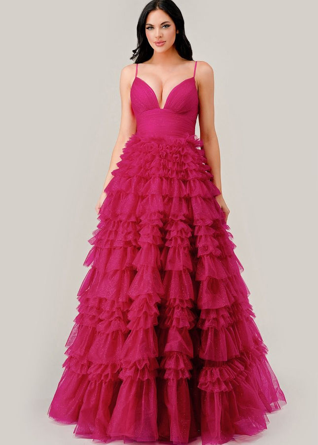 Ruffled Layed Tulle Ball Gown-0